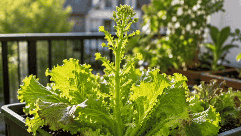 A lettuce plant with a tall elongated center stalk showing signs of bolting — lettuce bolts in heat and produces bitter leaves, prevented by shade, consistent watering, and cool temperatures
