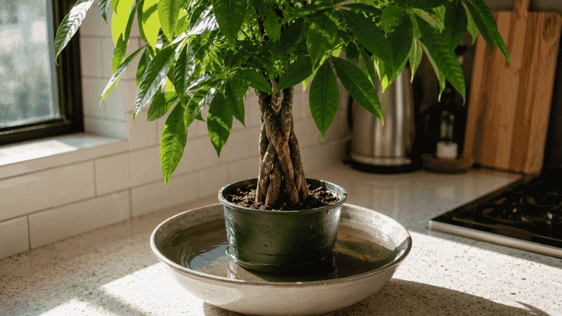 A money tree pot sitting in a bowl of water for bottom watering — bottom watering is especially effective for money trees that have become hydrophobic from drying out too much
