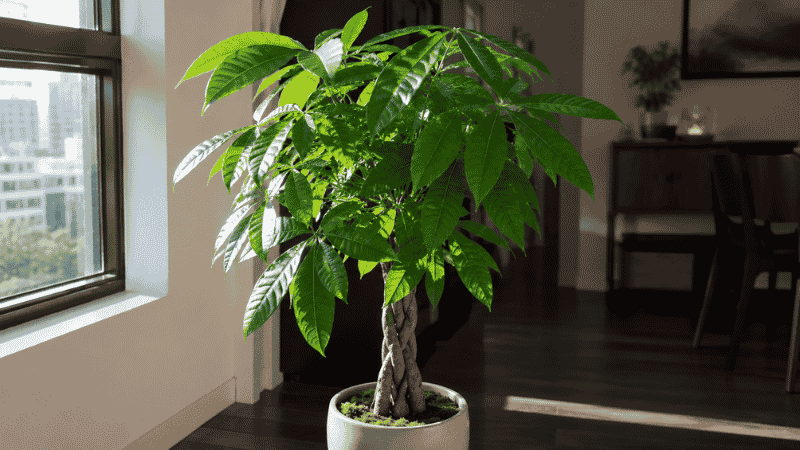 A healthy money tree with a braided trunk and glossy green palmate leaves in a ceramic pot near a bright apartment window — complete money tree care guide for beginners