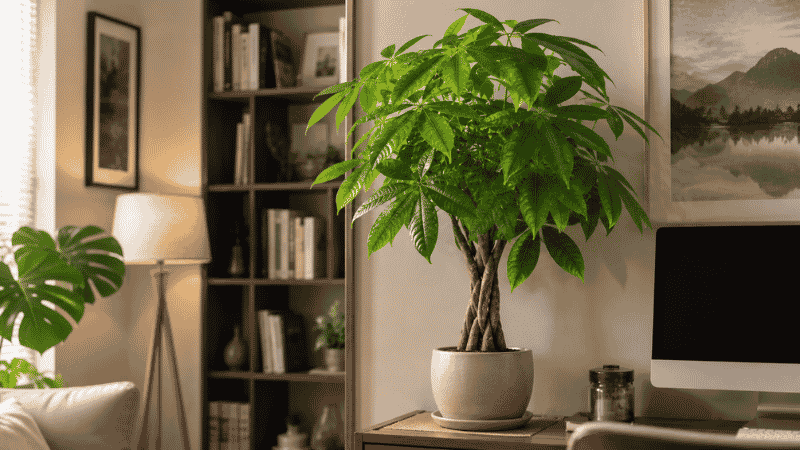 A healthy money tree on a desk in a cozy home office — money trees are 2026 Plant of the Year and are believed to bring luck and prosperity while being genuinely easy to care for