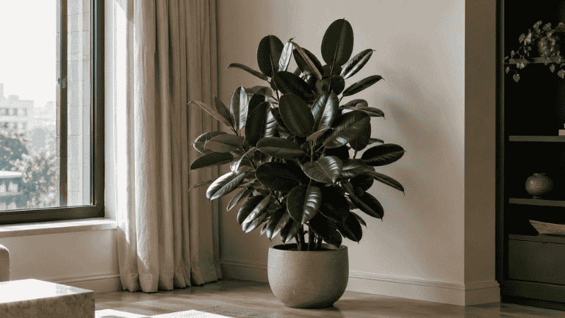 A large healthy rubber plant with glossy dark green leaves in a ceramic pot in a bright modern apartment corner — complete rubber plant care guide for beginners