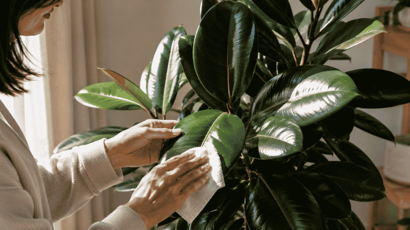 A person wiping a large glossy rubber plant leaf with a damp cloth — cleaning rubber plant leaves removes dust and helps the plant absorb light more efficiently

