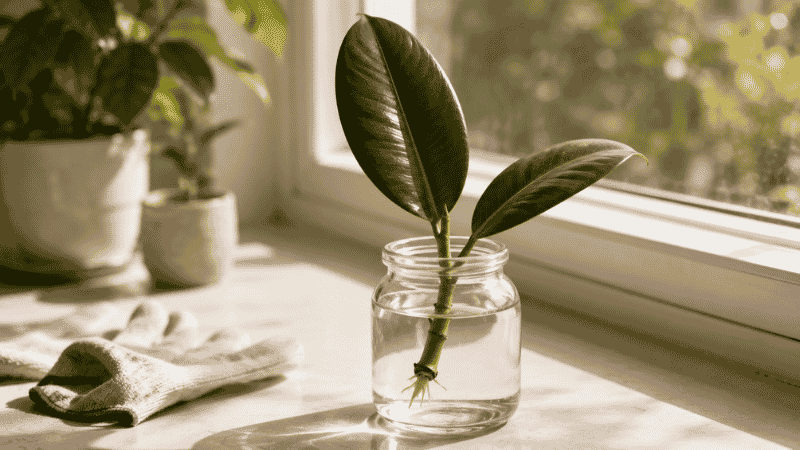 A rubber plant stem cutting with roots developing in a glass jar of water on a bright windowsill — propagating rubber plants from stem cuttings in water takes 4-6 weeks
