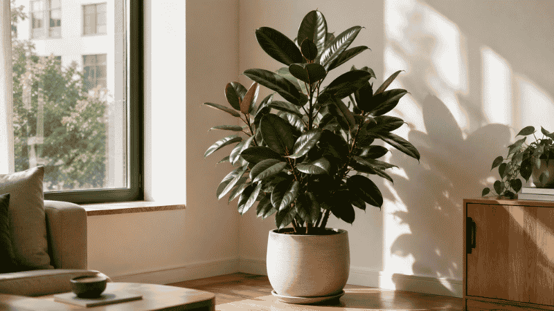 A healthy rubber plant thriving in a bright apartment corner after settling into its new position — rubber plants drop leaves when moved but recover quickly once stable