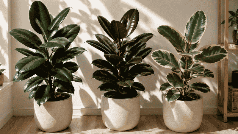 Three rubber plant varieties side by side — dark green Robusta, burgundy Ficus elastica, and cream-variegated Tineke showing the different leaf colors available
