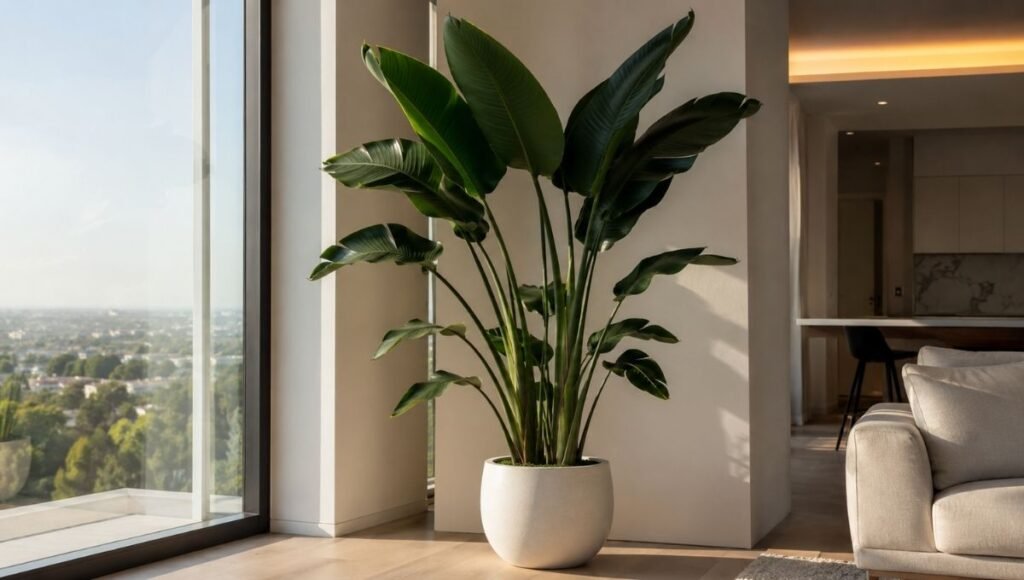 A tall healthy bird of paradise with large glossy paddle-shaped leaves in a white ceramic pot near a bright apartment window — complete bird of paradise care guide for beginners