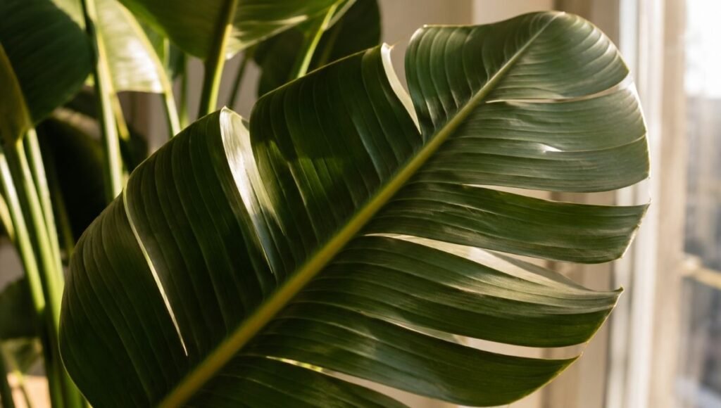 Close-up of a bird of paradise leaf showing natural splits along the edges — leaf splitting is completely normal in bird of paradise plants and is an evolutionary adaptation from their native South African habitat
