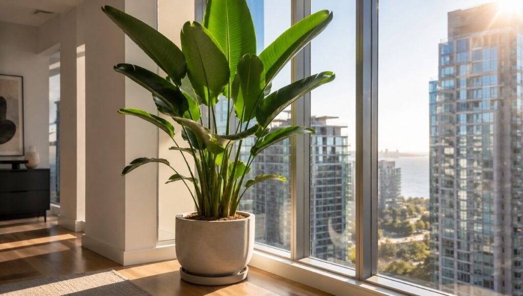 A bird of paradise plant positioned directly next to a bright south-facing window with sunlight streaming onto the leaves — bird of paradise needs 4-6 hours of bright light daily to grow well indoors
