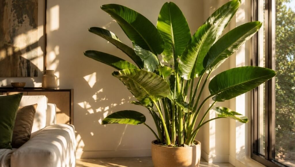 A large thriving bird of paradise plant with enormous glossy leaves standing in a beautifully lit living room corner — a well-grown bird of paradise changes the quality of a room in a way that smaller plants cannot