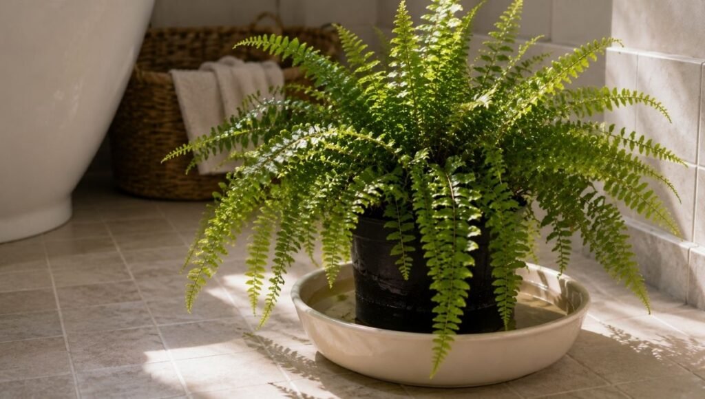 A Boston fern pot sitting in a bowl of water for bottom watering — bottom watering keeps the fronds dry while ensuring consistent moisture throughout the root ball
