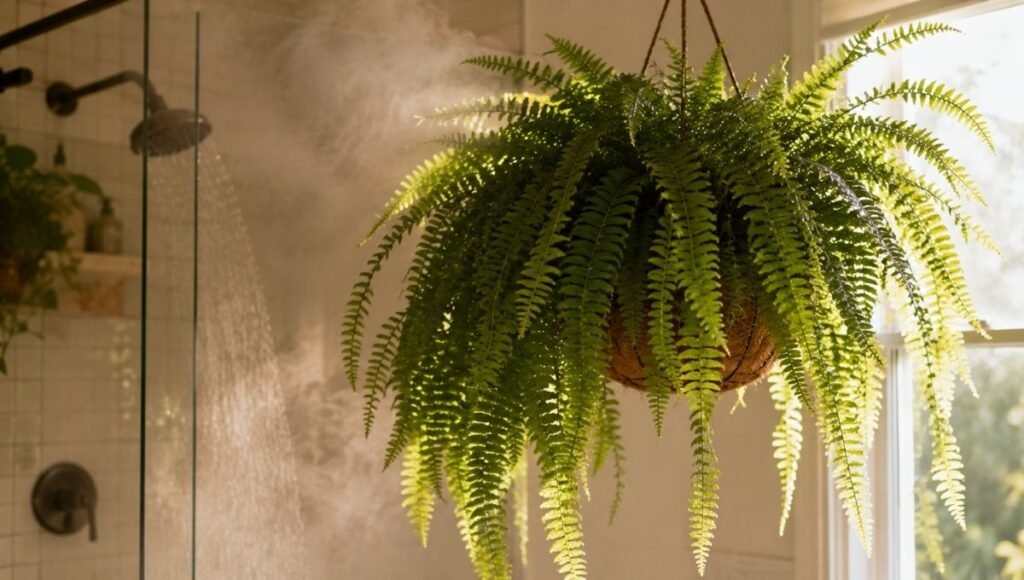 A lush Boston fern with long arching fronds cascading from a hanging basket near a bright bathroom window — complete Boston fern care guide for beginners