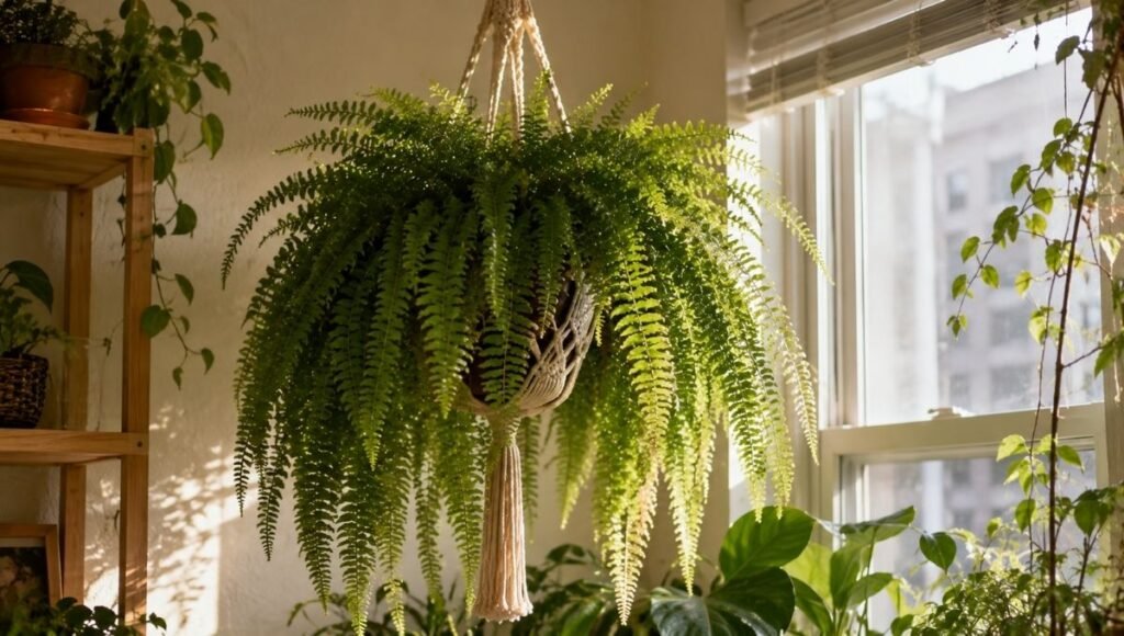 A large thriving Boston fern in a macramé hanging basket near a bright apartment window with long cascading fronds — Boston ferns look most beautiful displayed as hanging plants with room for their fronds to arch naturally