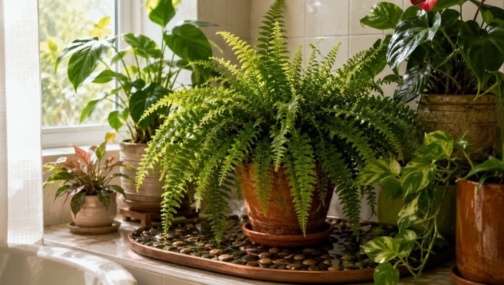 A Boston fern on a pebble tray surrounded by grouped tropical plants in a bright bathroom — pebble trays and bathroom placement are the most effective ways to provide the humidity Boston ferns need
