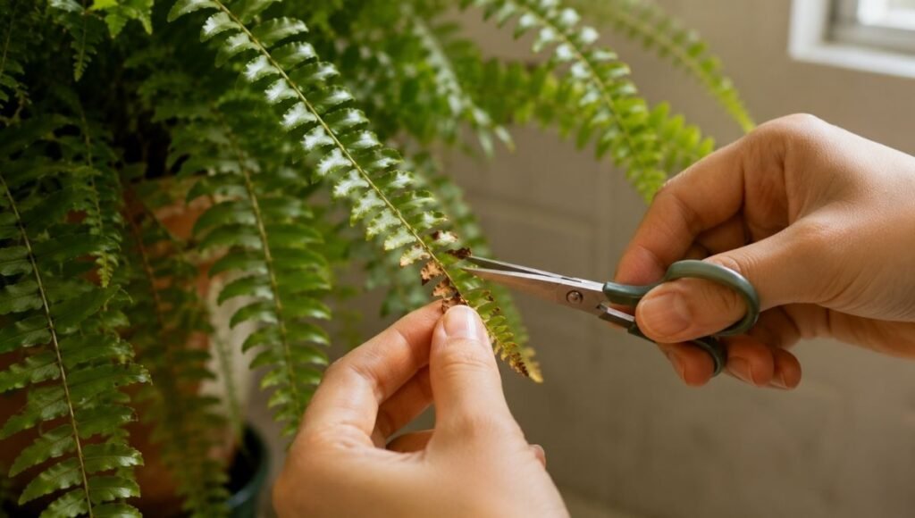 Hands trimming brown crispy tips from Boston fern fronds with scissors — brown tips on Boston ferns are caused by low humidity and tap water minerals and can be trimmed without harming the plant
