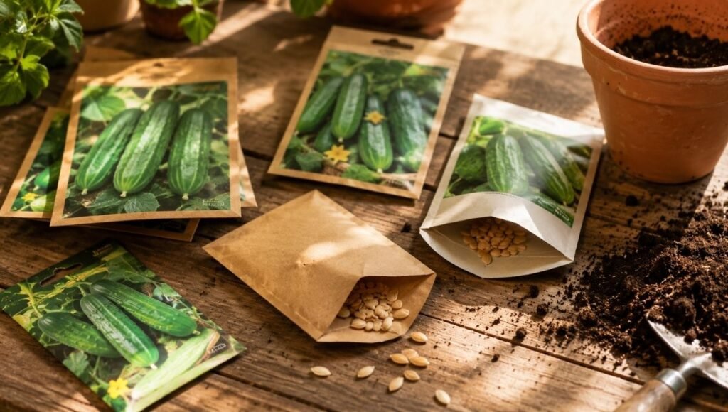 Cucumber seed packets arranged on a wooden surface — choosing a parthenocarpic variety that sets fruit without pollination is the most important decision for growing cucumbers in containers
