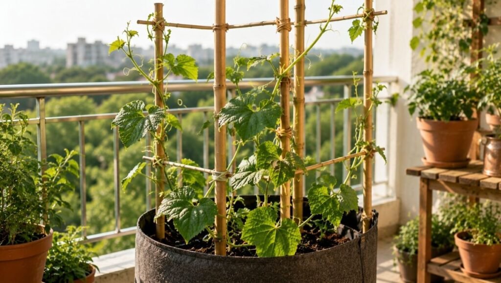 A simple bamboo trellis set up in a fabric grow bag on a balcony with cucumber vines climbing upward — a trellis is essential for growing cucumbers in containers to improve air circulation and maximize yield

