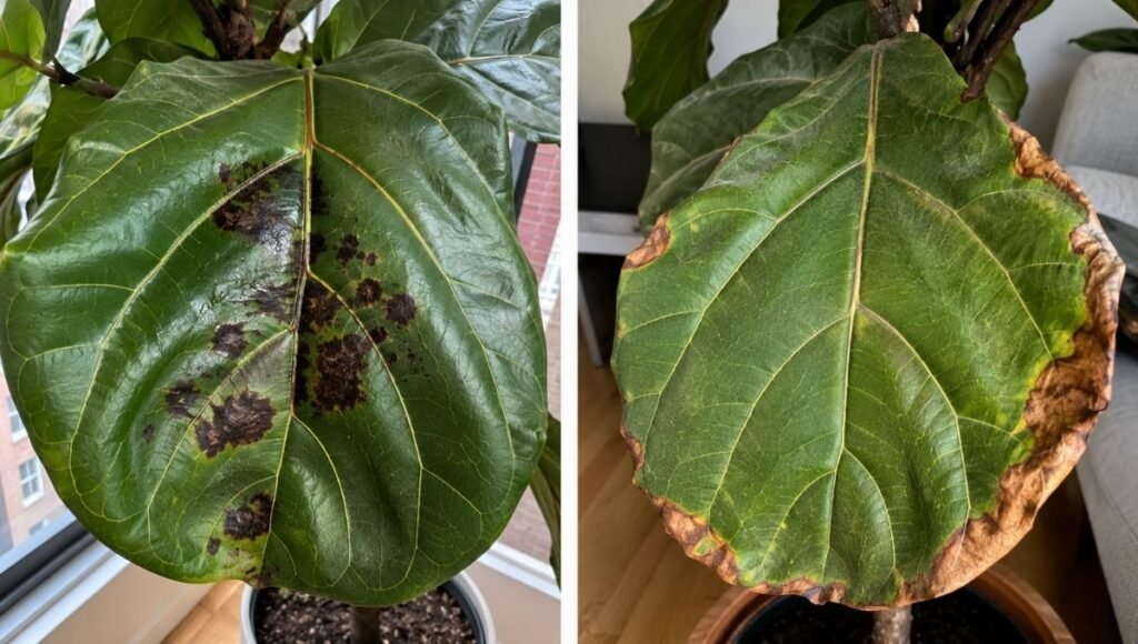 Two fiddle leaf fig leaves showing different brown spot patterns — center spots from overwatering on the left and crispy brown edges from underwatering on the right
