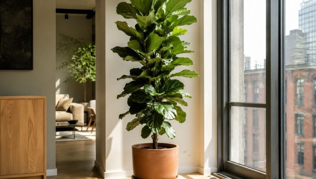 A tall healthy fiddle leaf fig with large glossy violin-shaped leaves in a terracotta pot near a bright apartment window — complete fiddle leaf fig care guide for beginners
