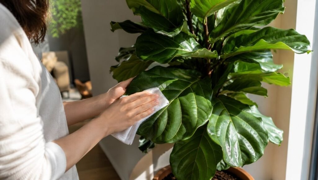 A person wiping a large glossy fiddle leaf fig leaf with a damp cloth — cleaning fiddle leaf fig leaves removes dust and helps the plant absorb light more efficiently
