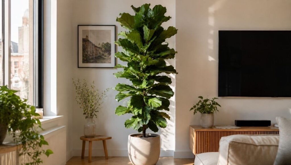 A tall thriving fiddle leaf fig standing in a bright apartment living room corner in morning light — with the right spot and consistent care fiddle leaf figs grow dramatically for years