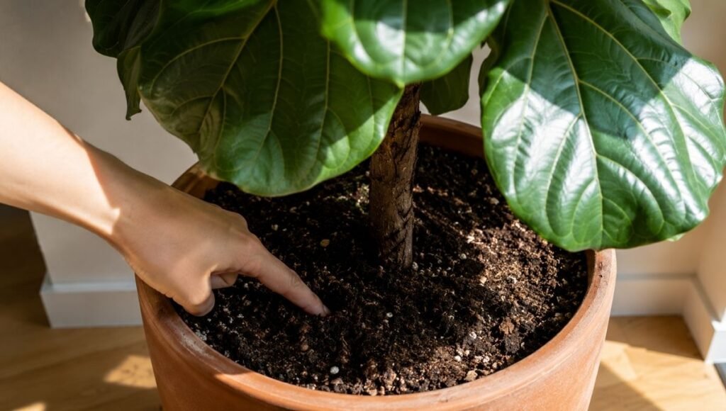 A finger pressing into potting soil at the base of a fiddle leaf fig to check moisture before watering — water fiddle leaf figs only when the top 2 inches of soil are completely dry
