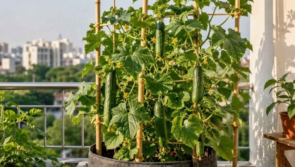A thriving cucumber plant climbing a bamboo trellis in a fabric grow bag on a sunny apartment balcony with green cucumbers hanging from the vine — beginner's guide to growing cucumbers in containers