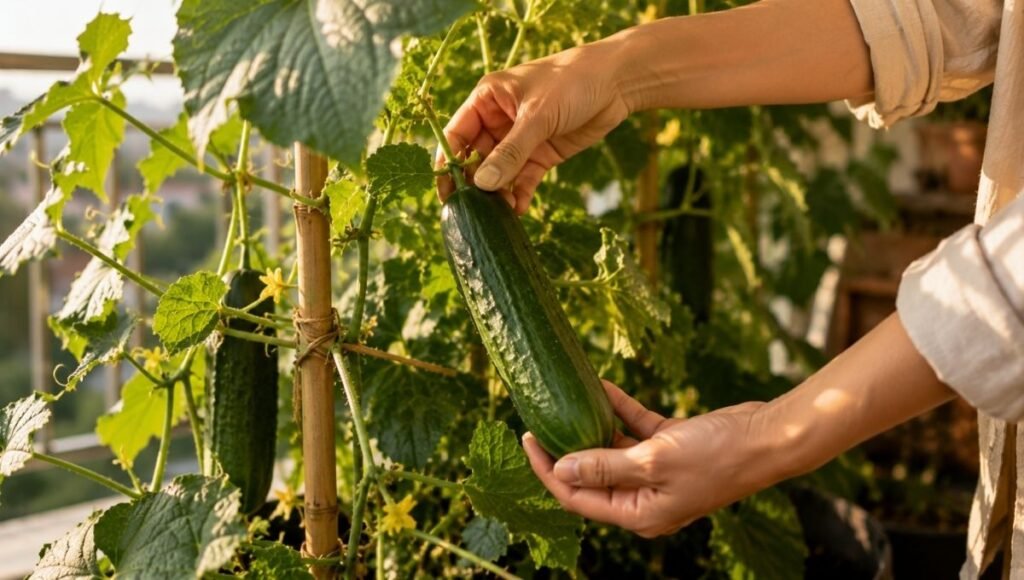 Hands harvesting a fresh firm green cucumber from a container plant on a sunny balcony — homegrown container cucumbers taste completely different from store-bought when harvested at the right time