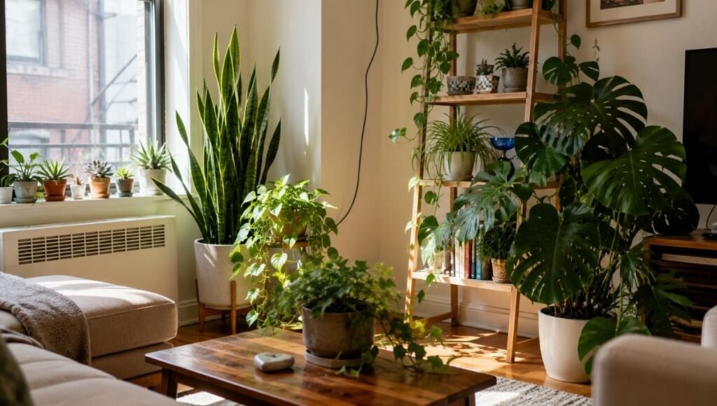 A bright apartment living room with a diverse collection of thriving indoor plants including snake plant, pothos, monstera, and succulents — complete indoor plant care guide for beginners

