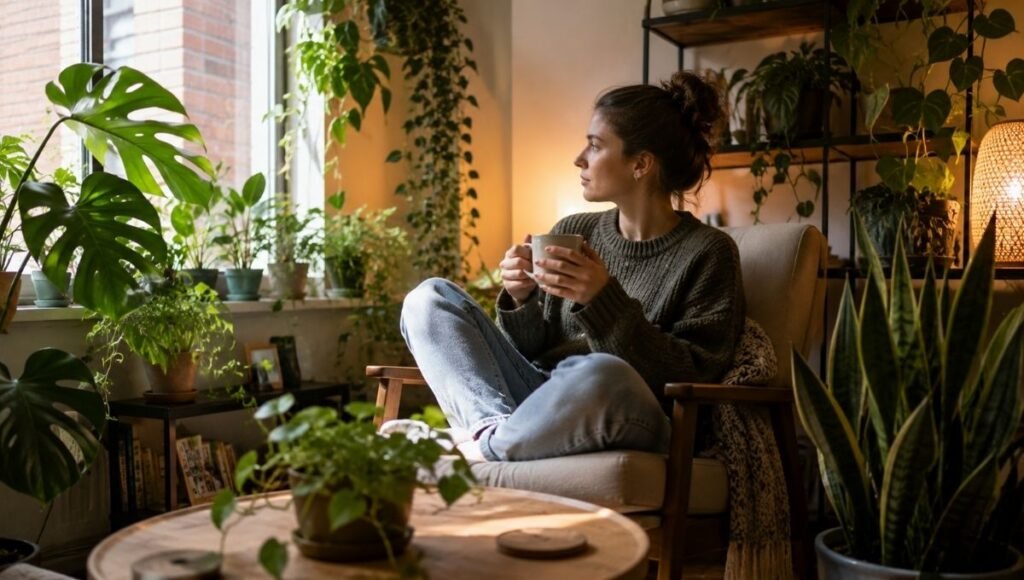 A person relaxing with coffee surrounded by thriving indoor plants in a cozy apartment — caring for indoor plants is consistently associated with reduced stress and improved wellbeing