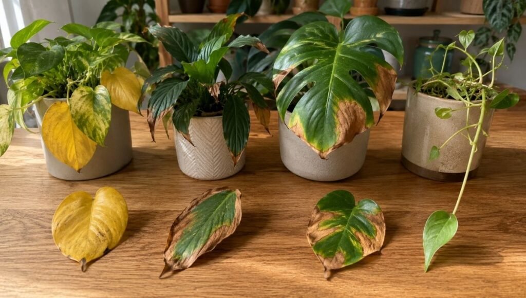 Four houseplant leaves showing common problems — yellow leaves from overwatering, brown crispy tips from low humidity, scorched patches from direct sun, and leggy growth from insufficient light
