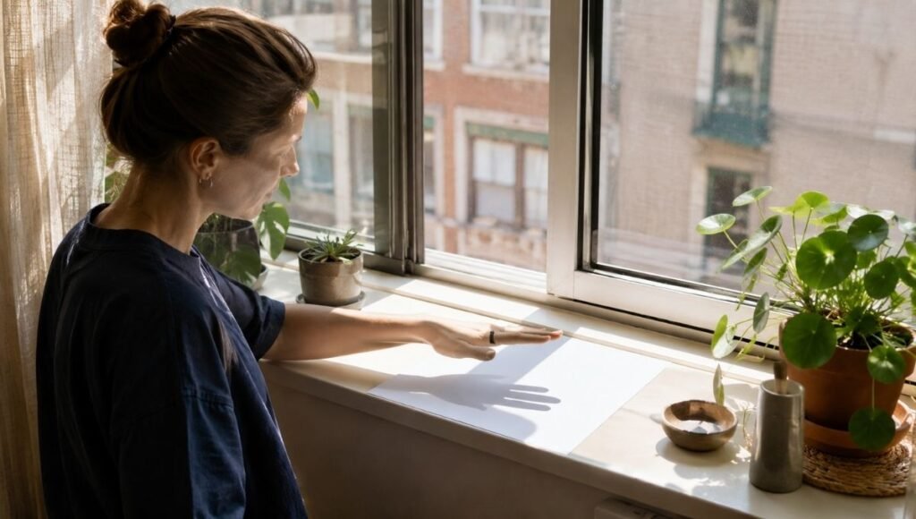 A person testing light levels at a windowsill by checking shadow quality with their hand — understanding actual light levels is the most important step in indoor plant care
