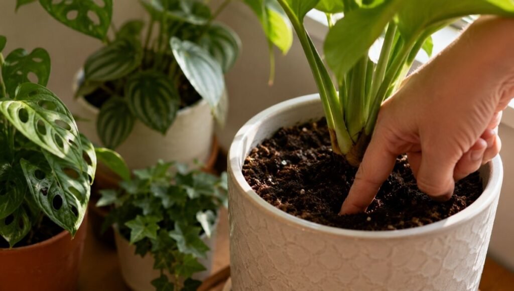 A finger pressing into potting soil to check moisture level before watering — checking soil moisture before every watering is the single most important indoor plant care habit
