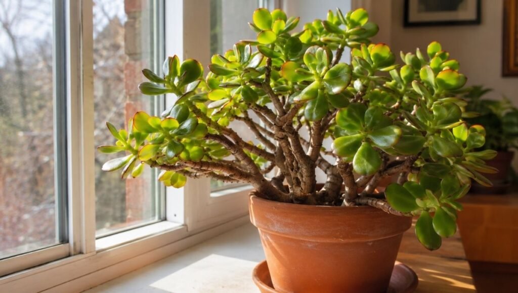 A mature jade plant with a thick trunk and glossy green leaves edged in red in a terracotta pot on a sunny windowsill — complete jade plant care guide for beginners