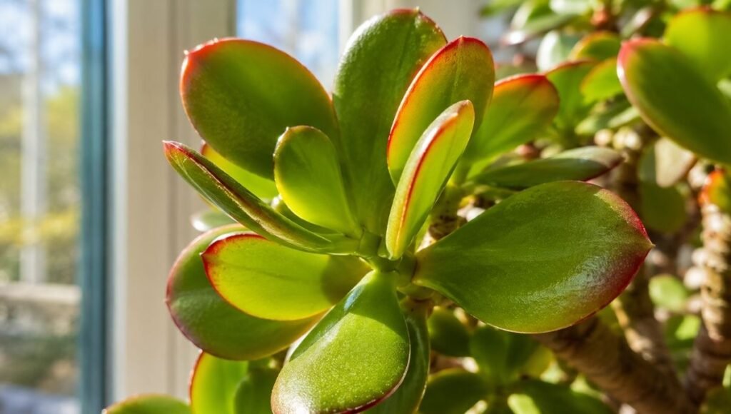 Close-up of jade plant leaves with red-tinged edges in bright natural light — red leaf edges indicate a jade plant is receiving adequate sunlight and is thriving