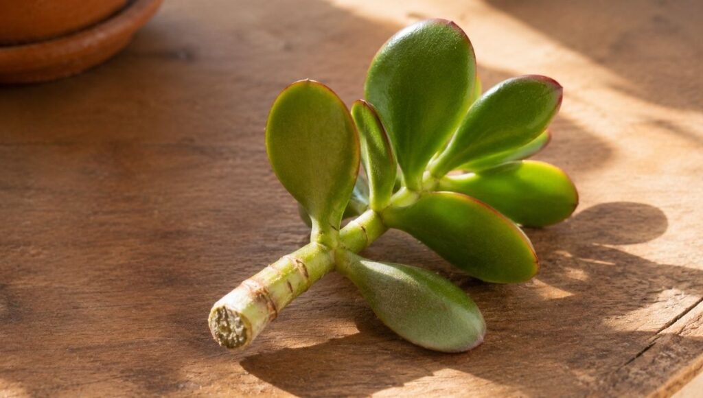 A jade plant stem cutting laid on a wooden surface to air-dry before planting — jade plants propagate easily from stem cuttings that are allowed to callus for 5-14 days
