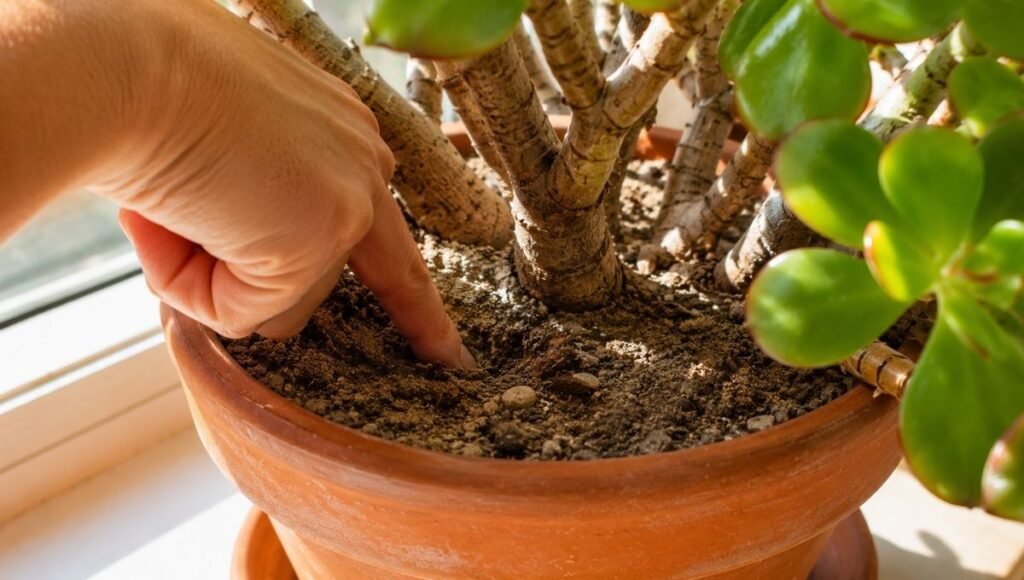A finger pressing into completely dry soil in a jade plant pot to check moisture level — jade plants should only be watered when the soil is completely dry throughout