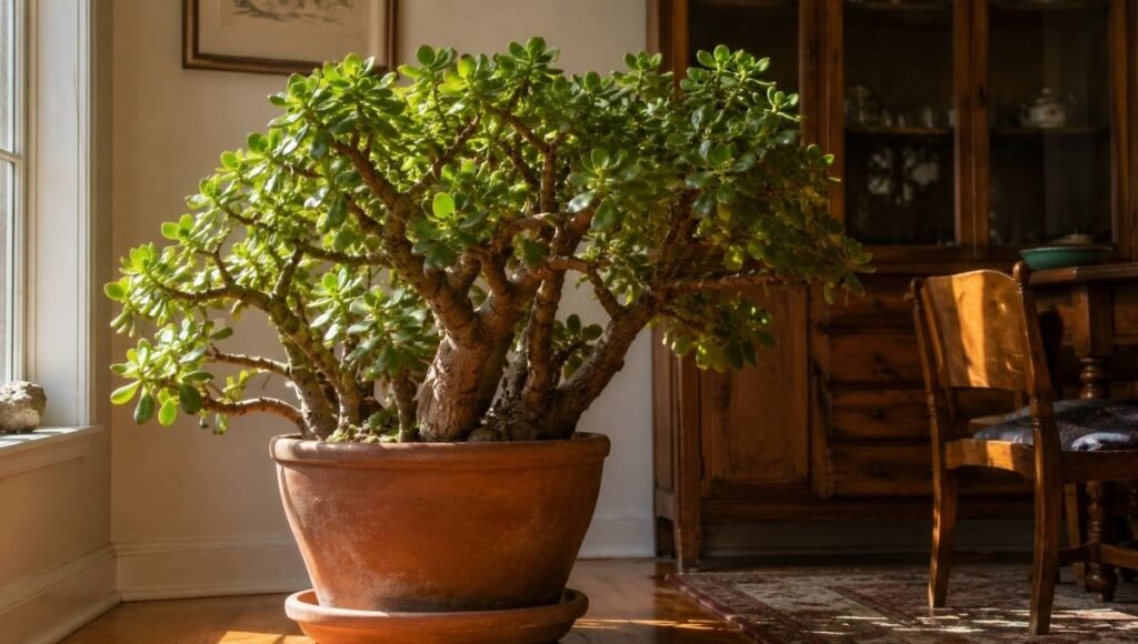 A large mature jade plant with a thick gnarled trunk in a terracotta pot — jade plants can live for 50-100 years with basic care making them true long-term houseplant companions