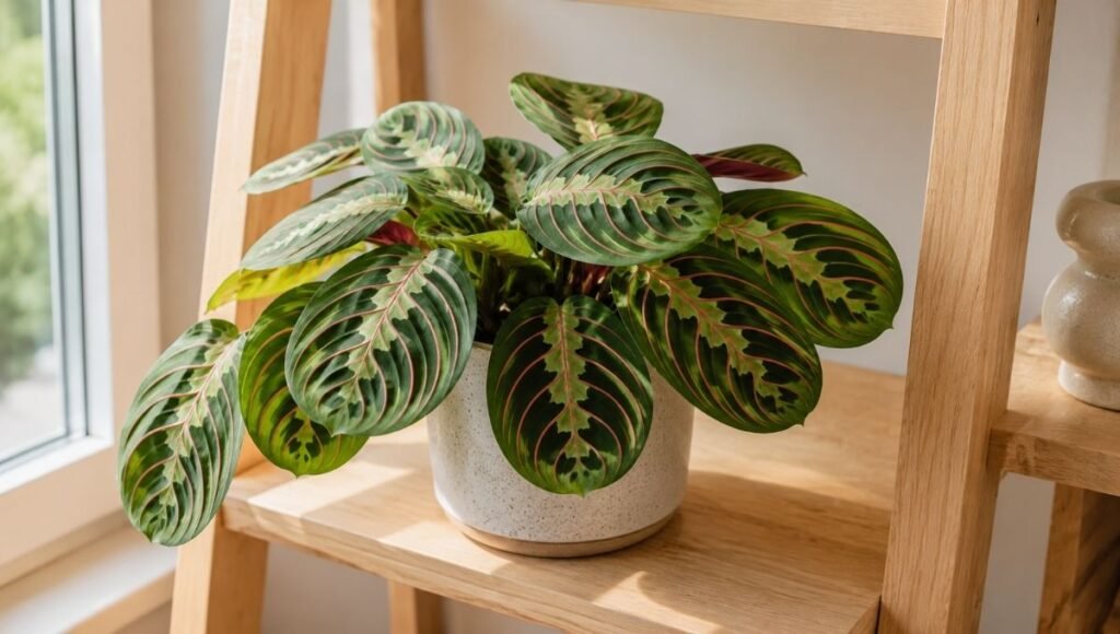 A healthy prayer plant with dramatic patterned leaves in deep green with red veins in a ceramic pot near a bright window — complete prayer plant care guide for beginners