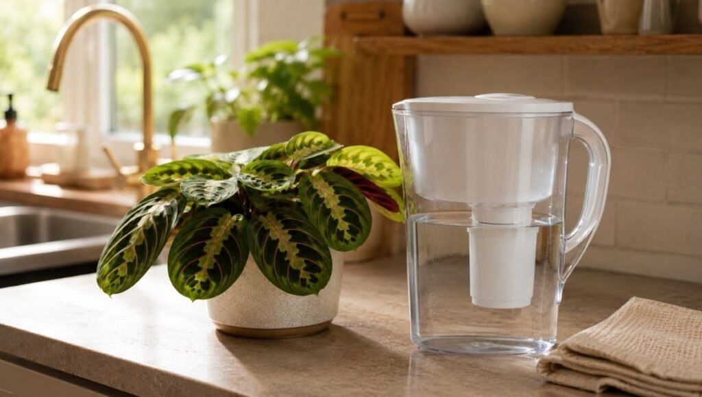 A pitcher filter and prayer plant on a kitchen counter — switching from tap water to filtered water reduces prayer plant brown tips by removing fluoride and chlorine buildup in the soil
