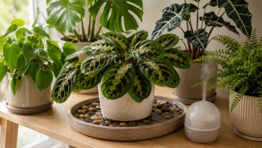 A prayer plant on a pebble tray surrounded by grouped tropical plants — pebble trays and plant grouping are more effective than misting for increasing humidity around prayer plants
