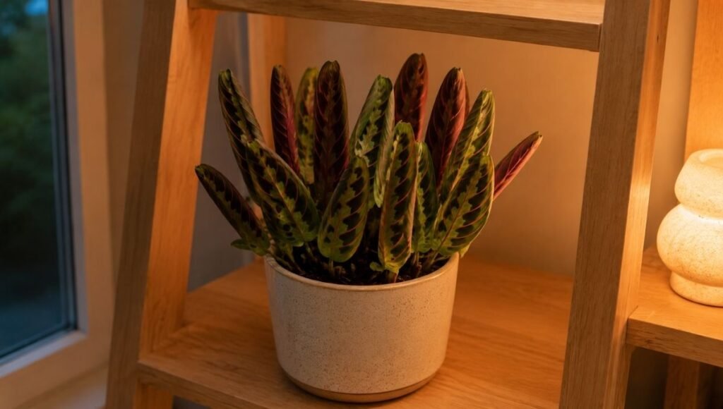 A prayer plant with leaves folded upward in the nighttime prayer position — leaf movement called nyctinasty is completely normal and a sign of a healthy prayer plant
