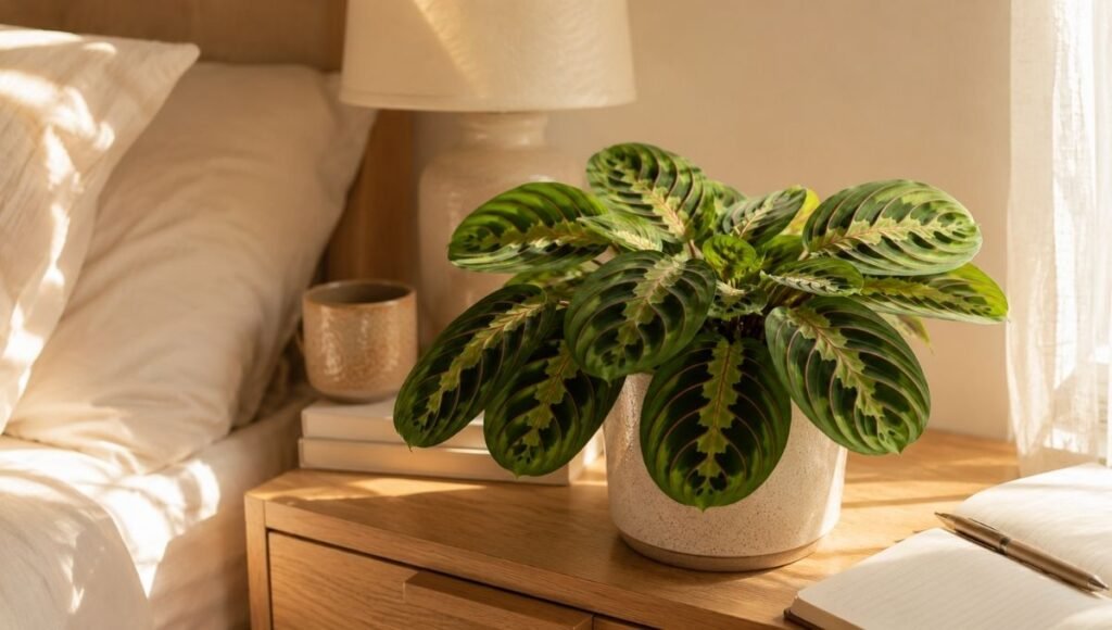 A prayer plant with leaves open wide in morning light on a bedside table — a prayer plant that opens every morning and folds every evening creates a quiet daily ritual of connection with something living
