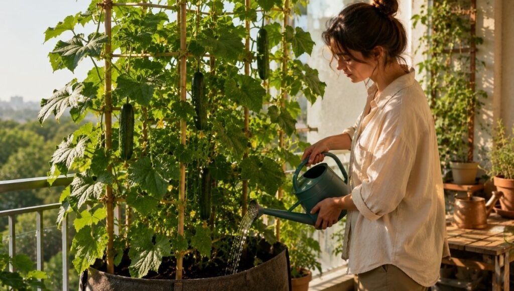A person watering a container cucumber plant at the base with a watering can on a sunny balcony morning — cucumbers in containers need daily watering in summer and inconsistent moisture causes bitter fruit
