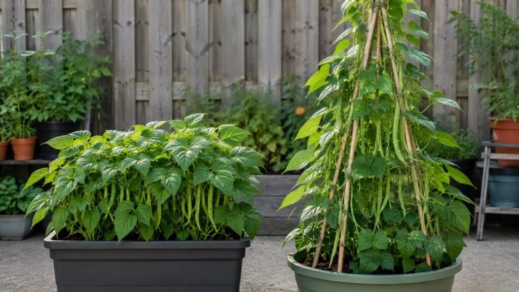 Bush green beans growing in a pot beside pole beans climbing a trellis