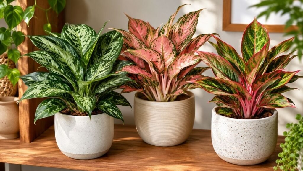 Three Chinese evergreen plants showing different variety colors — deep green with silver, pink-flushed, and red-tipped Aglaonema varieties in ceramic pots on a wooden shelf — complete Chinese evergreen care guide for beginners