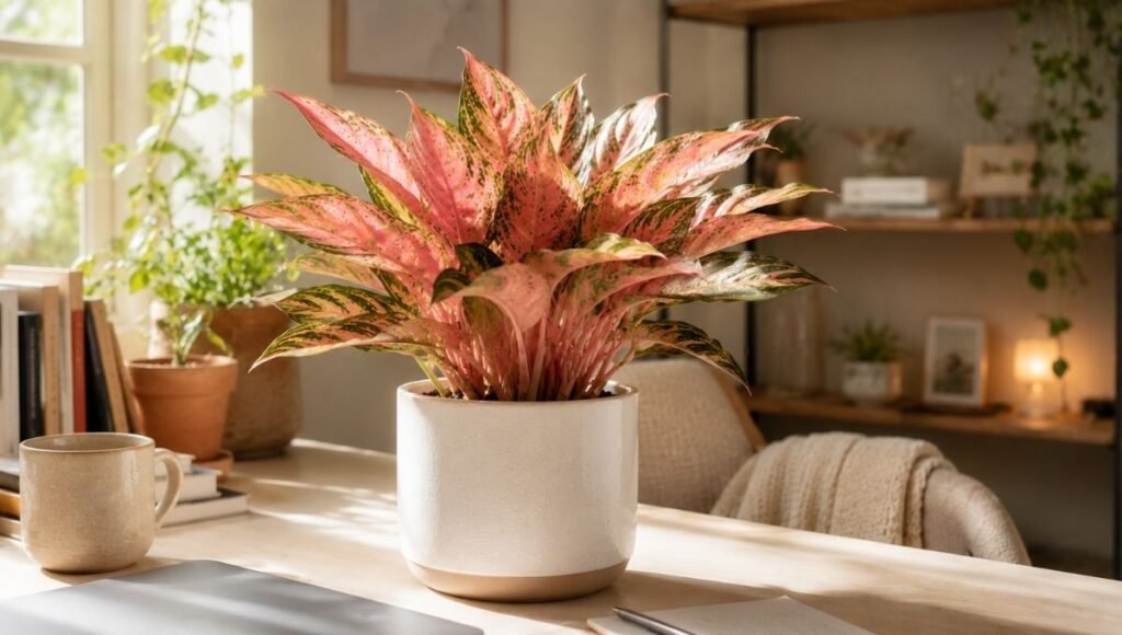 A vibrant pink Chinese evergreen in a white ceramic pot on a bright home office desk — Chinese evergreen adapts to almost any indoor space and light level making it truly the most versatile beginner houseplant