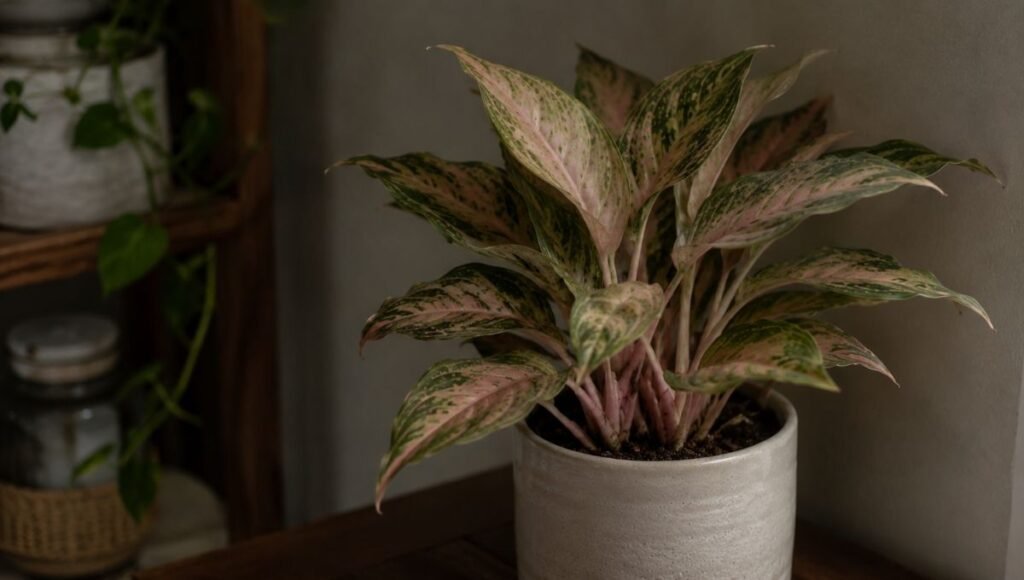 A pink Chinese evergreen with fading color in insufficient light — pink and red Aglaonema varieties lose their color in low light as the plant produces more green chlorophyll

