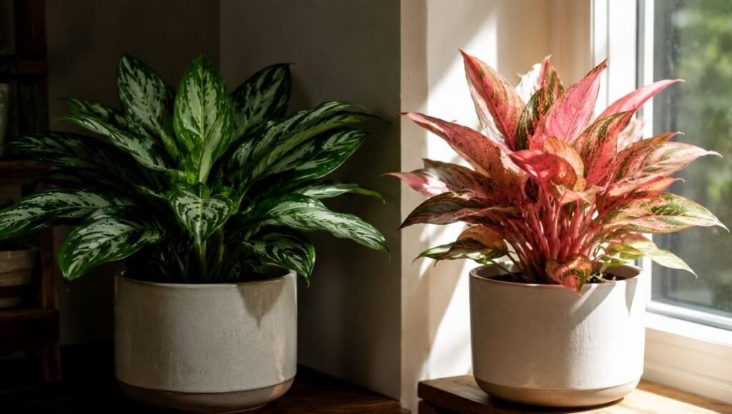 Two Chinese evergreen varieties side by side showing how light affects color — green and silver variety in lower light versus vibrant pink variety in bright indirect light
