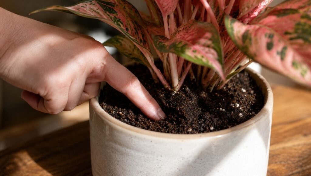 A finger pressing into potting soil to check moisture in a Chinese evergreen pot — water Chinese evergreen only when the top 1-2 inches of soil feel completely dry
