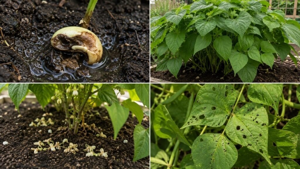 Common green bean problems including seed rot, yellow leaves, flower drop, and pest damage